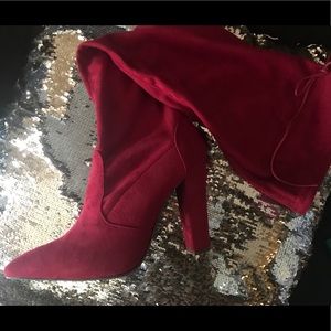 Red thigh high boots